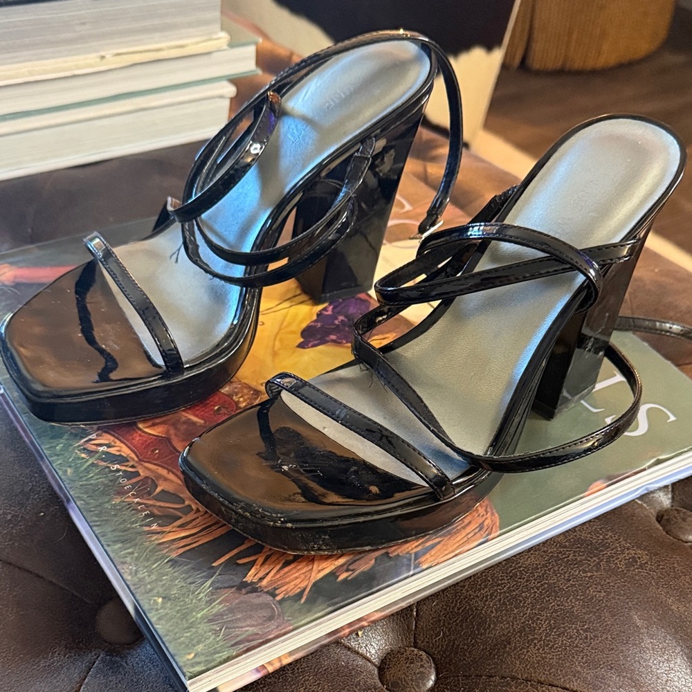 Nine West Glossy Black Strappy Heels